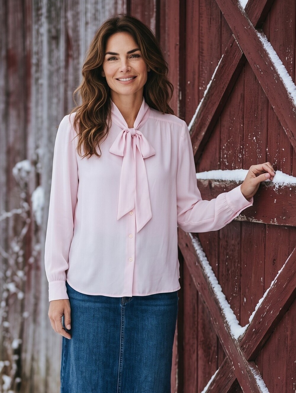 Vintage Bow-Tie Neck Long-Sleeve Blouse — Soft Icy Pink